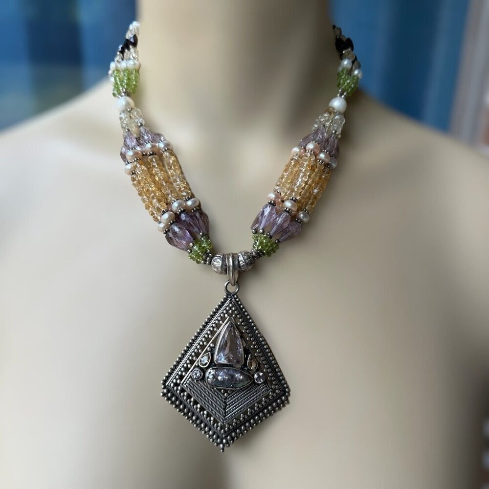Statement Pendant Necklace 16 Inch Amethyst Peridot Citrine 925 Sterling 100.4g